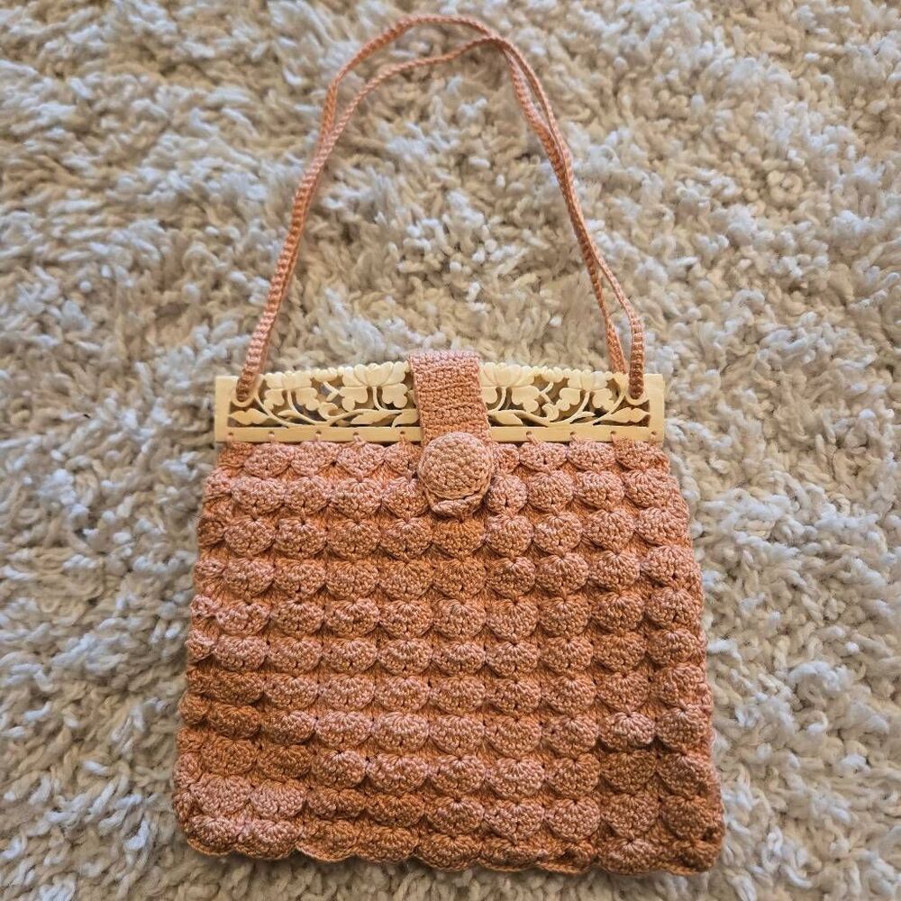Vintage Pale Pink Crochet Handbag Carved Ivory Celluloid Frame Double Handles